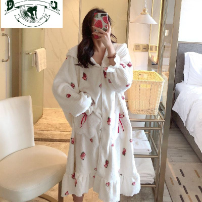 HLCOMAN睡衣女秋冬长款珊瑚绒加厚保暖睡裙睡袍浴袍法兰绒孕妇家居服外套