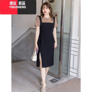 YIBUSHENG装2024年新款假两件中长款裙子开叉大码胖妹妹连衣裙显瘦遮肚子