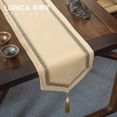 美式桌旗新中式禅意茶旗布现代简约茶几餐桌北欧电视柜布床旗定制 福延年-米黄(尖角款) 33*420cm