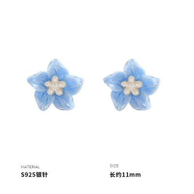 925纯银蓝花银针耳钉女耳环耳饰小众设计ins风简约韩国气质送女朋友老婆情人节七夕生日礼物