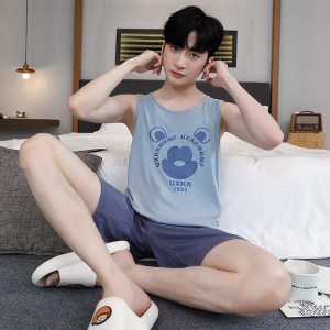新款睡衣男士夏季短袖背心薄款短裤印花卡通休闲套装可外穿