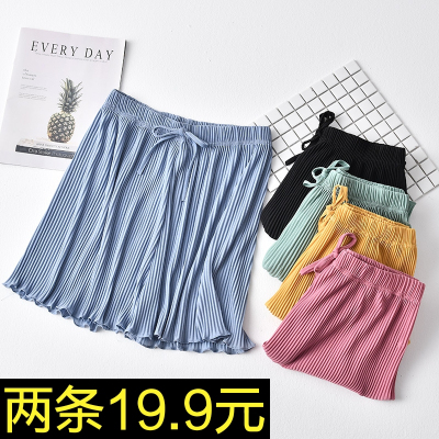 SUNTEK雪纺家居睡裤女夏季高腰阔腿裤冰丝百褶裤休闲短裤宽松五分裤大码