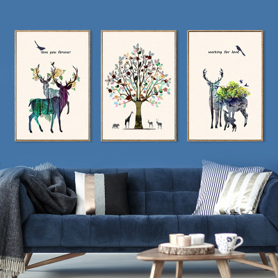 北欧麋鹿装饰画客厅小清新家居墙壁画简欧餐厅有框画现代简约挂画A140*60CM