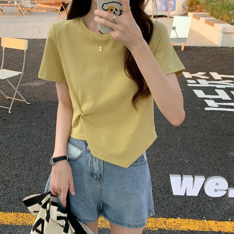 不规则短袖T恤女年新款夏季心机设计感小众半袖高腰短款上衣
