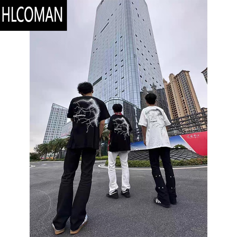 HLCOMAN国潮美式复古雷电印花短袖T恤男女夏季oversize高街情侣上衣