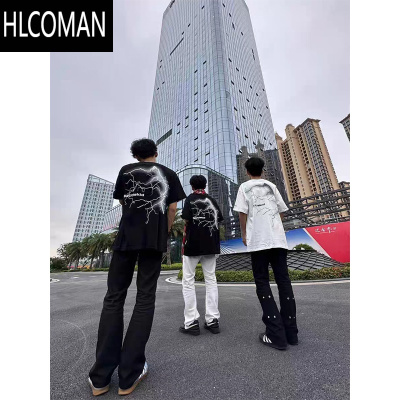 HLCOMAN国潮美式复古雷电印花短袖T恤男女夏季oversize高街情侣上衣