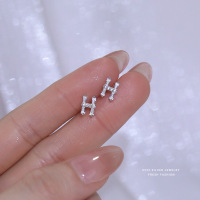 韩版ins风锆石H耳钉女s925纯银轻奢简约百搭高级感耳环时尚耳饰送女朋友老婆情人节七夕生日礼物