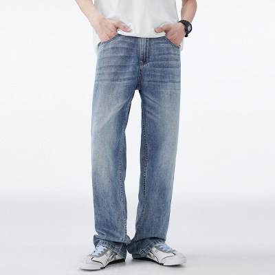 莱塞尔潮款牛仔裤男生阔腿裤年轻天丝复古美式2026年春夏款复古蓝