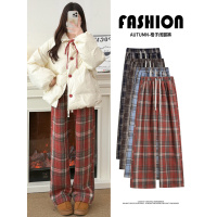 红色格子加绒裤子女秋冬季垂感宽松bf慵懒风小个子休闲毛呢阔腿裤
