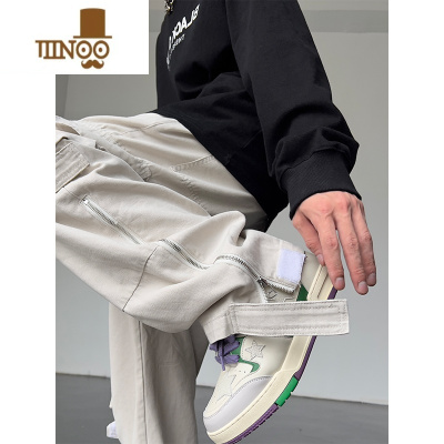 YANXU美式复古高街多口袋工装裤男高腰宽松白色百搭直筒阔腿休闲裤子潮