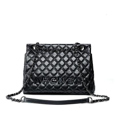 大包女2021新款洋气头层牛皮女包菱格链条单肩斜挎托特包黑色