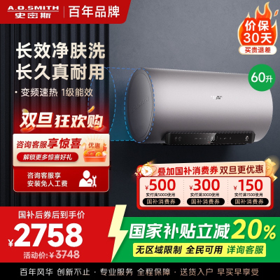 AO史密斯电热水器60升 短款 国家补贴 80吨长效净水洗 免清洗 3kW变频速热 金圭特护 E60ED6-B