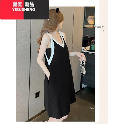 YIBUSHENG韩系简约款显瘦V领无袖背心长裙胖妹妹大码季女装连衣裙