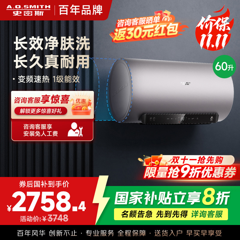 AO史密斯电热水器60升 国家补贴 80吨长效净水洗 免清洗 3kW变频速热 金圭特护 E60ED6