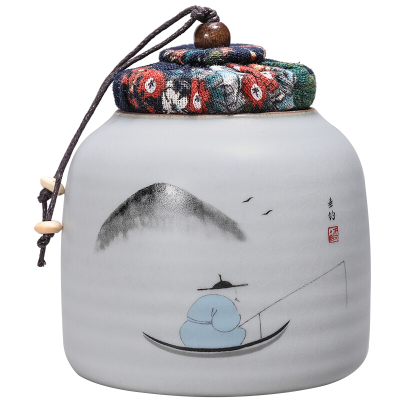 博为茶叶罐大号小号密封罐普洱醒茶罐存储罐家用陶瓷茶罐独钓寒江(约可装茶叶80g)