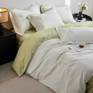 A类~长绒棉四件套简约清新草绿刺绣纯棉被套感床上用品