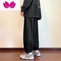 七斓日系裤子男深蓝色束脚纯色阔腿春季新款工装裤复古潮流宽松休闲裤