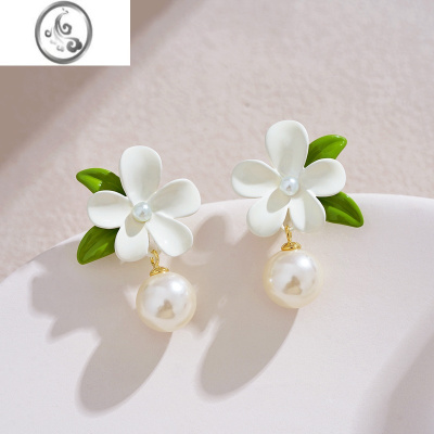 JiMi清新白色栀子花耳钉法式白花嫩绿耳环高级感珍珠耳坠温柔超仙耳饰
