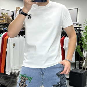 夏季新款小熊印花短袖T恤男士圆领半袖上衣丝光棉修身体恤衫潮ins_1