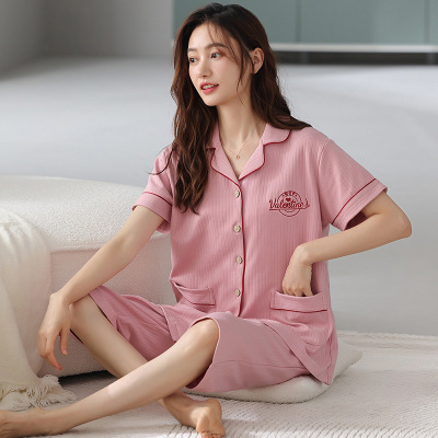 睡衣女夏季短袖七分裤开衫棉质翻领宽松大码休闲家居服套装可外穿_447