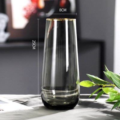 轻奢描金北欧圆筒型简约玻璃花瓶透明水养鲜花客厅花器插花瓶摆件（840-2款/描金）烟灰色大