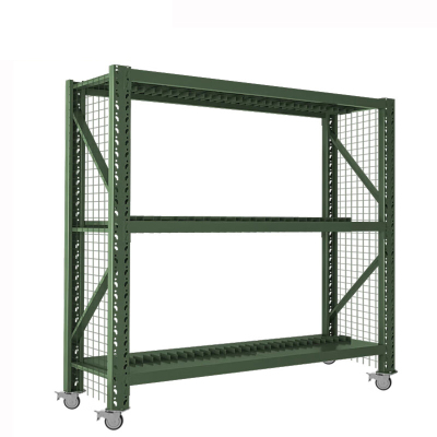 格具(GEJU) 货架 单层称重500公斤双层盾牌架带轮子带侧网三层军绿色