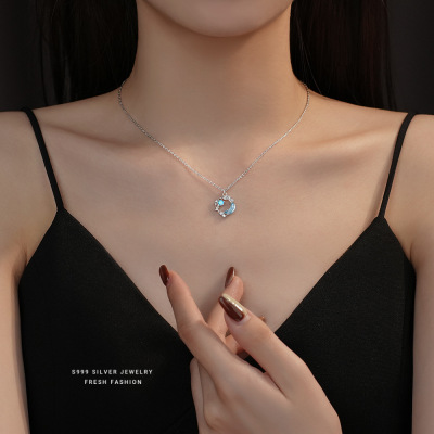 S999足银月亮项链女小众时尚气质锁骨链秋冬高颜饰品批发生日礼物送女朋友老婆情人节七夕生日礼物