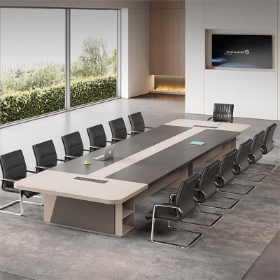 易企采 300*140*75CM会议桌含10把椅 会议室办公桌简约现代商务洽谈办公室大型长条桌