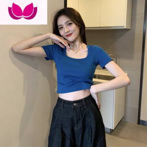 七斓方领短袖白色T恤夏季2023新款修身显瘦露脐短款小心机打底上衣女