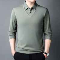 男士长袖Polo衫格子春秋新款假两件T恤港风商务休闲鸡心领打底衫