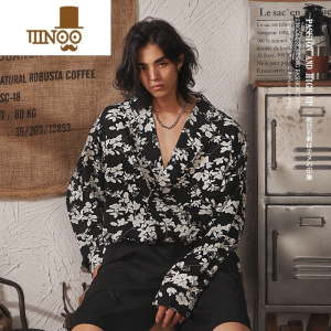 YANXU日系小众禁欲韩系冰丝衬衫男长袖暗黑风设计感外套情侣小碎花衬衣