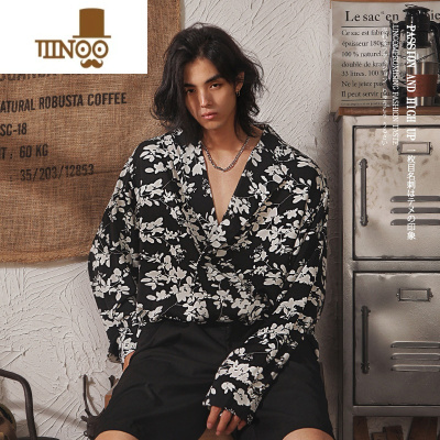 YANXU日系小众禁欲韩系冰丝衬衫男长袖暗黑风设计感外套情侣小碎花衬衣