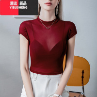 YIBUSHENG立领辣妹风短款网纱T恤女短袖2024季新款内搭性感女装包袖上衣