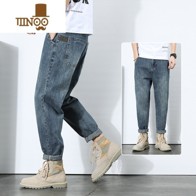 YANXU牛仔裤男款宽松直筒潮牌美式复古哈伦九分男士大码休闲长裤子