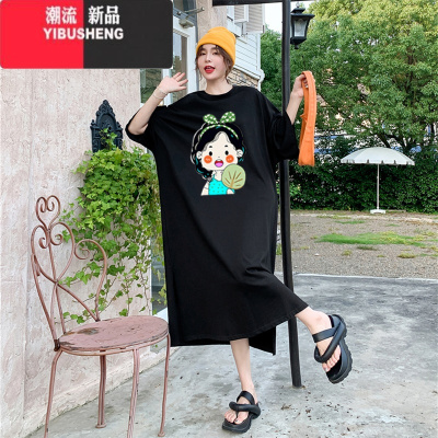 YIBUSHENG短袖t恤连衣裙女春胖妹妹宽松大码中长款过膝孕妇懒人裙