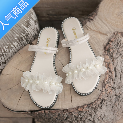 SUNTEK网纱珍珠凉鞋女夏仙女风2023新款配裙子ins潮温柔两穿平底凉拖鞋