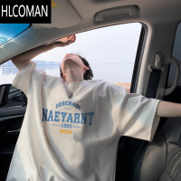 HLCOMAN短袖T恤男夏季美式复古小领口半袖oversize五分袖