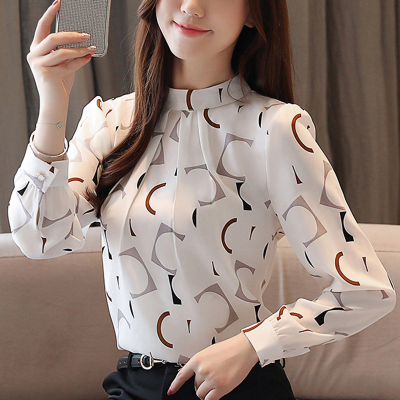 长袖雪纺衫女秋装韩版新款印花衬衣设计感小众显瘦打底衫百搭上衣