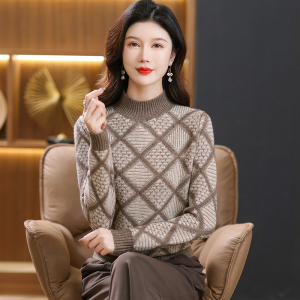 2024春秋新款半高领双股羊绒衫女半高领100%纯山羊绒毛衣印花针织衫宽松慵懒毛衣套头女装上衣针织打底衫加厚外搭毛衣女