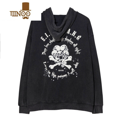 YANXUMz 国潮高街风骷髅印花做旧水洗加绒连帽开衫卫衣男宽松ins外套