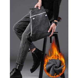 微宽松宽松牛仔裤男秋冬款加绒加厚保暖长裤力抗皱百搭直筒裤