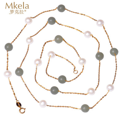 梦克拉 Mkela 18k金淡水珍珠和田玉项链 仲夏夜 满天星 毛衣链 多圈手链 一款多戴 项链 珍珠 近圆
