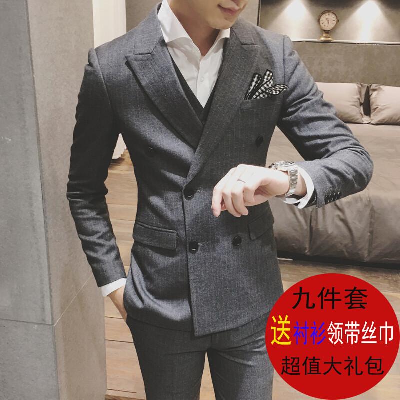 秋冬男士休闲韩版西服套装青年商务正装修身款小西装伴郎服三件套