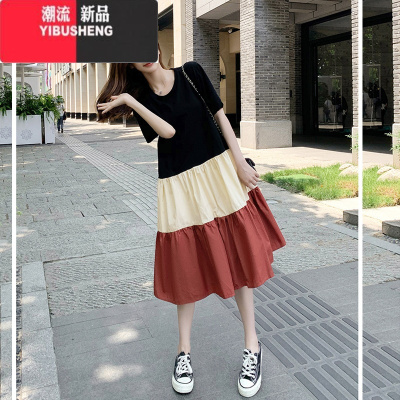 YIBUSHENG装时尚拼接撞色连衣裙韩版宽松中长款大码藏肉t恤裙潮短袖上衣