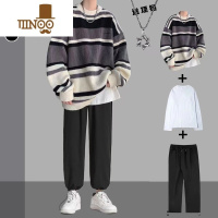 YANXU条纹毛衣套装男冬季ins潮牌复古宽松搭配一套休闲男装线衣三件套