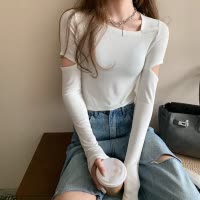 纯色修身薄款长袖T恤女破洞圆领打底衫女秋季紧身设计感上衣女装