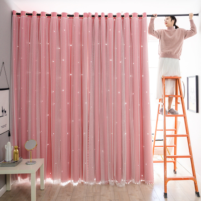 帘隔断免打孔可爱少女伸缩杆CIAA布艺卧室家用布贴纱镂空粉色帘宽6.0*2.5米高双开『送弹簧杆长3.1-3.6米』