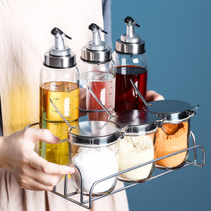 调味罐玻璃调料罐油壶套装厨房佐料收纳盒密封盐罐调料收纳置物架 敬平 料罐3+500毫升油壶3+7件架子