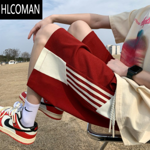 HLCOMAN侧织带撞色红色休闲短裤男夏季加肥加大码潮流胖人宽松直筒五分裤