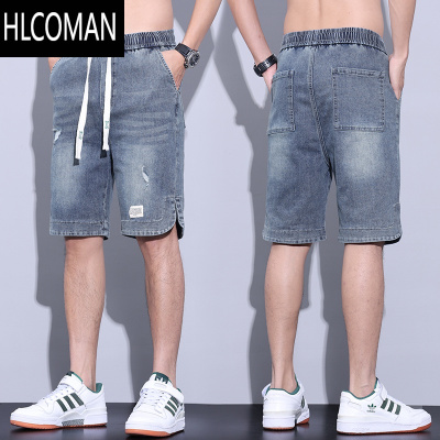 HLCOMAN夏季薄款破洞男士牛仔短裤宽松直筒弹力中裤夏天外穿五分裤子男款